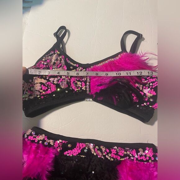 Glamour solo dance costume pink black Feather embellished leotard 2 piece XLC - Picture 9 of 12